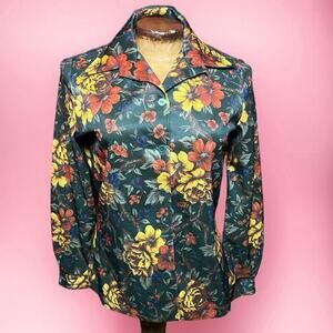 VINTAGE 70s Dagger Collar Disco Shirt Womens Size 8 Floral Green Mod Retro
